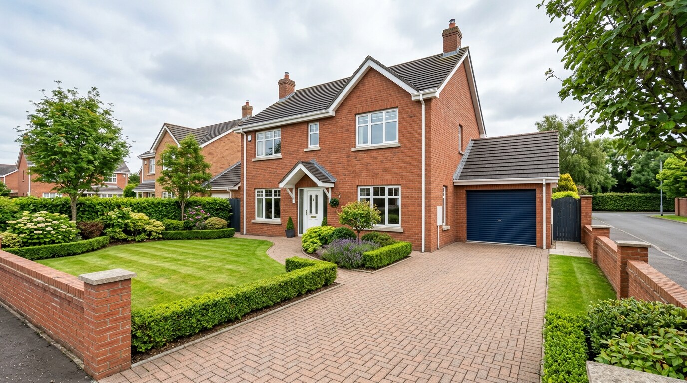Freshly pressure washed block paving driveway at a UK home